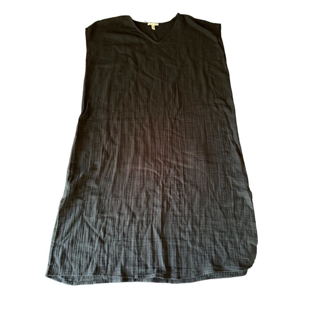 Eileen Fisher Black Organic Cotton V Neck Beach Cover Midi Length Size Small